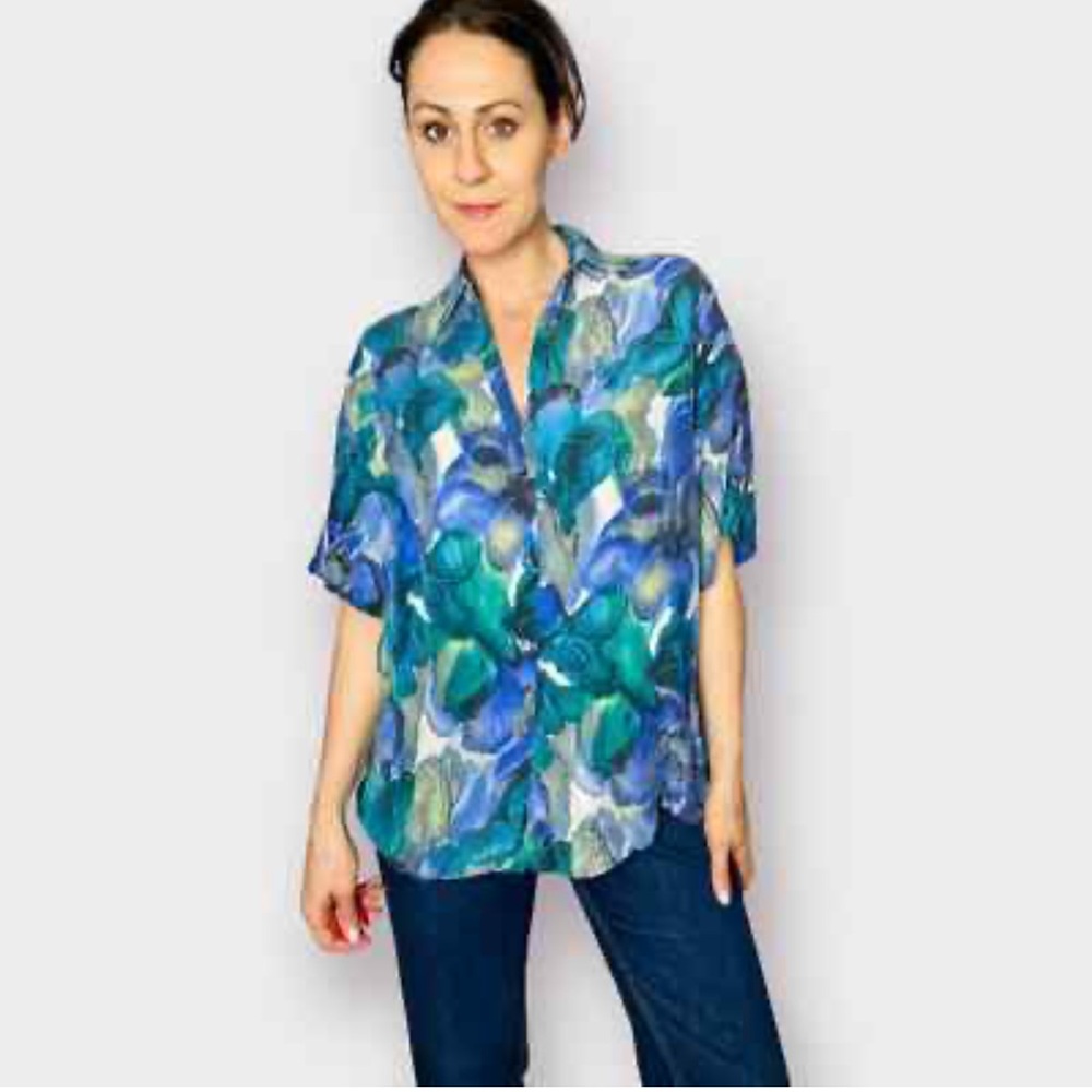 90’s Express Blue and Green Floral Women's silk‎ Top